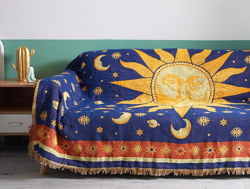 Erke 70" x 90" Sun and Moon Blanket Celestial Couch Sheet Cover Witchy Hippy Home Decoration, Double Sided Cotton Woven Hippie Throws Wicca Blankets for Couch Bed Recliner Decor - Yellow/Blue - Image 1